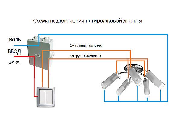 как подключить люстру к двухклавишному выключателю